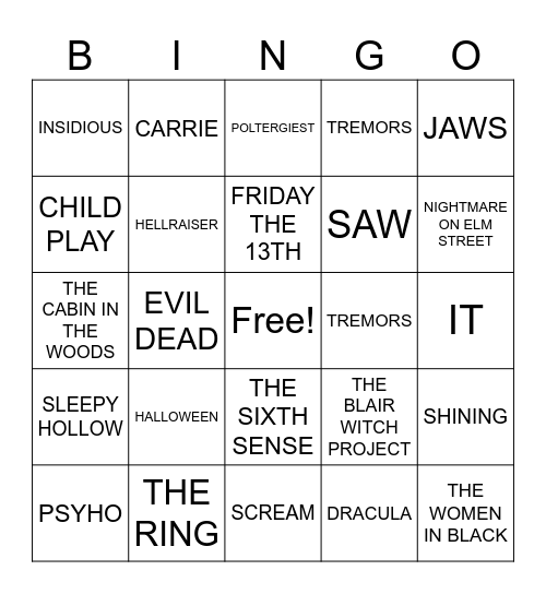 Horror Movie Bigo Bingo Card
