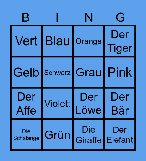 Color and Animal German Bingo Card