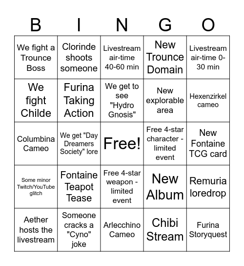 Genshin 4.2 Livestream Bingo Card