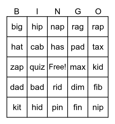 Short a and short i words Bingo Card