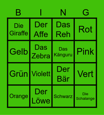 Color and Animal German Bingo Card