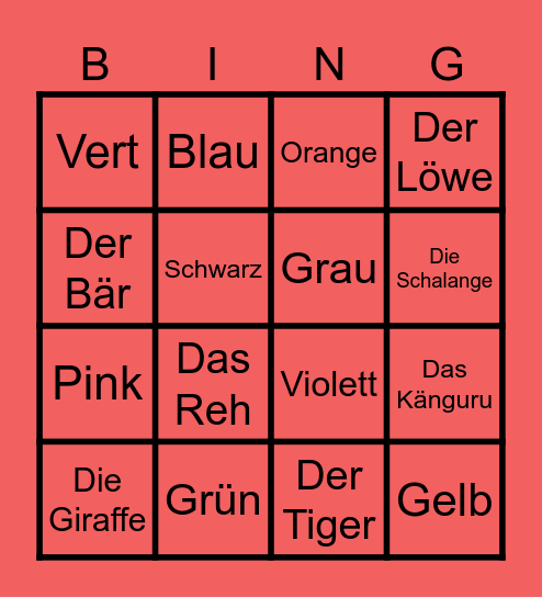 Color and Animal German Bingo Card