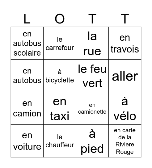 Transportation - French 2 / 3 Bingo Card