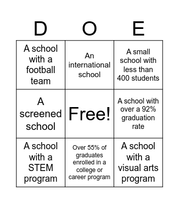 NYC DOE HS BINGO Card