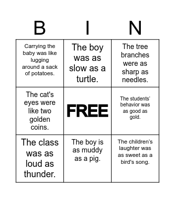 Simile Meanings Bingo Card