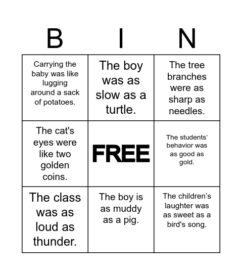 Simile Meanings Bingo Card