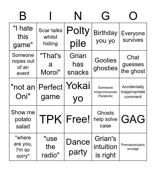 GIGS Phasmo Bingo Card