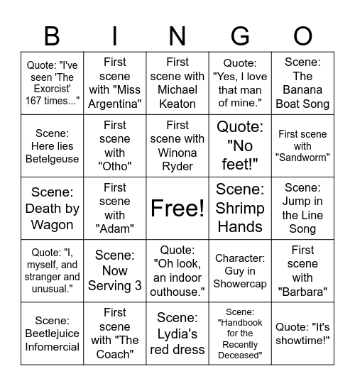 Christina's Birthday Beetlejuice Bingo Card