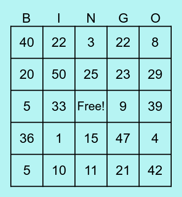 Number Bingo Card