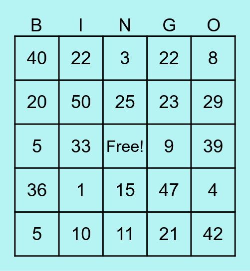 Number Bingo Card