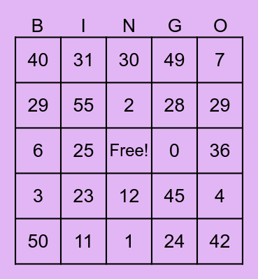 Number Bingo Card