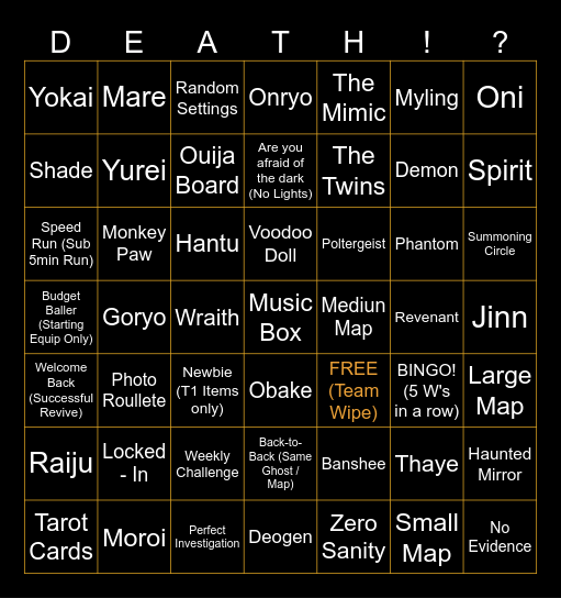 Phasmaphobia Bingo Card