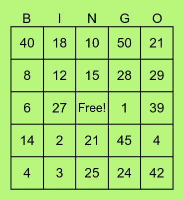 Number Bingo Card