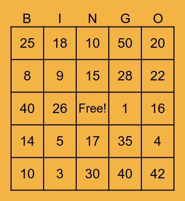 Number Bingo Card