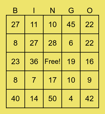 Number Bingo Card