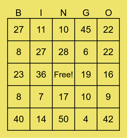 Number Bingo Card
