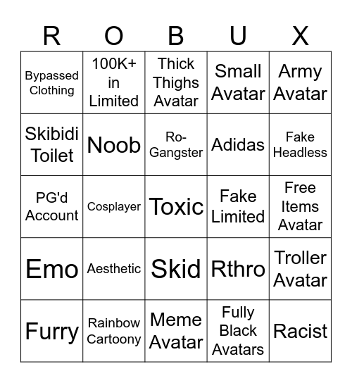Roblox Player Bingo Card