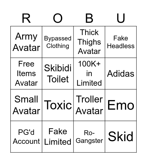 Roblox Player Bingo Card