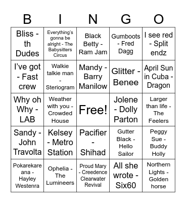 NZ and Lady Name songs Bingo Card
