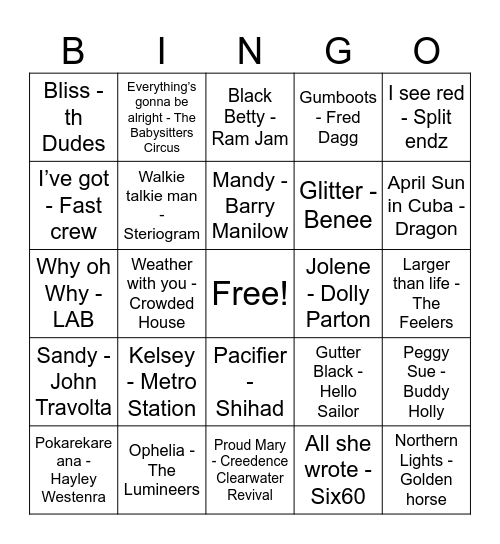NZ and Lady Name songs Bingo Card