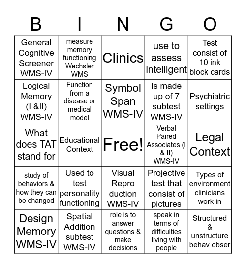 PSYCHOLOGICAL ASSESSMENT  Bingo Card
