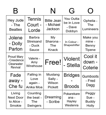 NZ and Lady Name songs Bingo Card