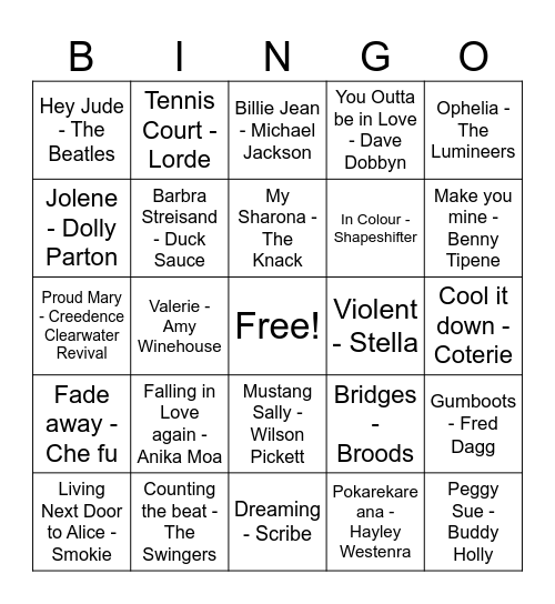 NZ and Lady Name songs Bingo Card