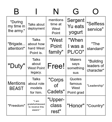 Niniger Dinner Bingo Card