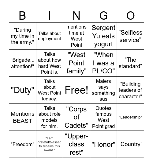 Niniger Dinner Bingo Card