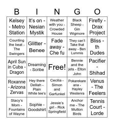 NZ and Lady name songs Bingo Card
