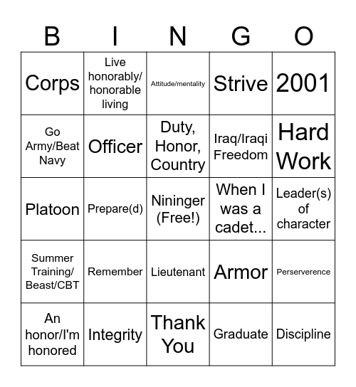 Nininger Dinner Bingo Card
