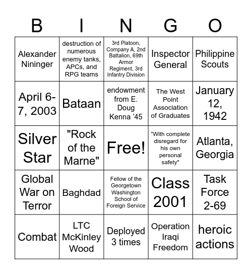 Nininger Dinner Bingo Card