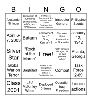 Nininger Dinner Bingo Card