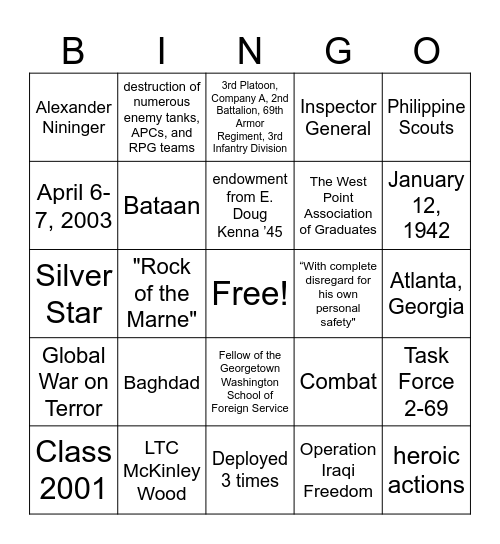 Nininger Dinner Bingo Card