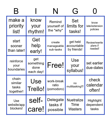 Time Management Bingo Card