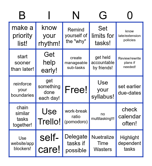 Time Management Bingo Card