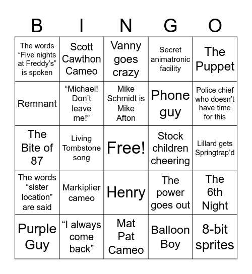 FNAF Movie BINGO Card