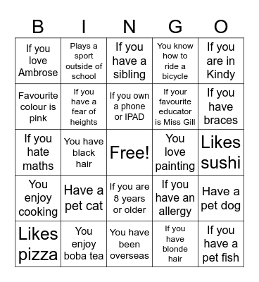 Get to know me bingo Card
