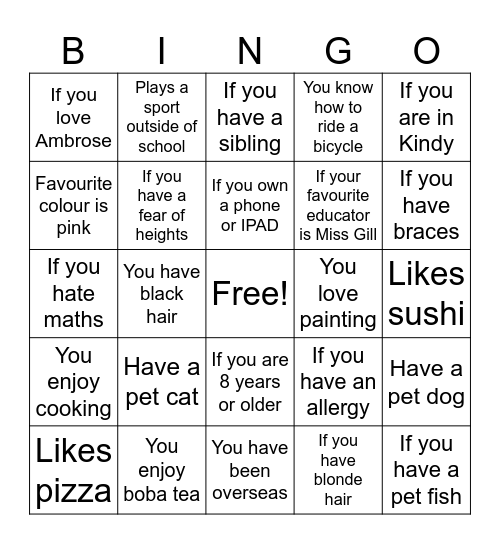 Get to know me bingo Card