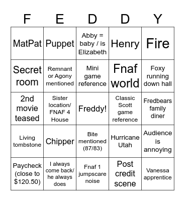 Freddy Fax Bear movie Bingo Card