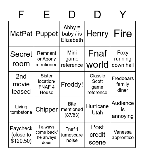 Freddy Fax Bear movie Bingo Card