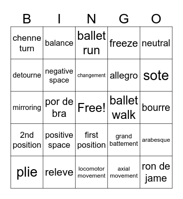 1st Grade Ballet Bingo Card