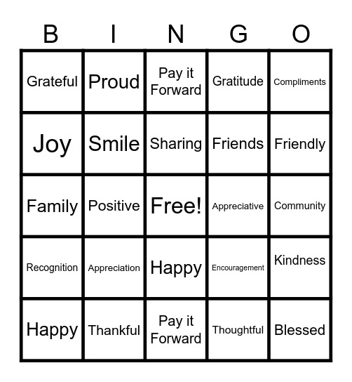 Gratitude Bingo Card