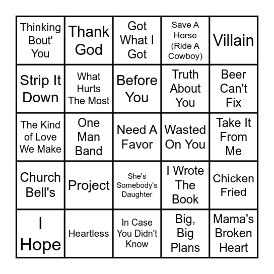 Country Bingo Card