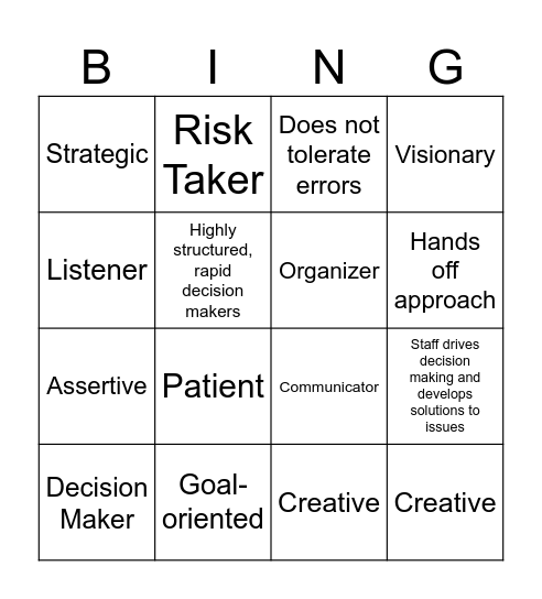 Leadership Style Bingo Card