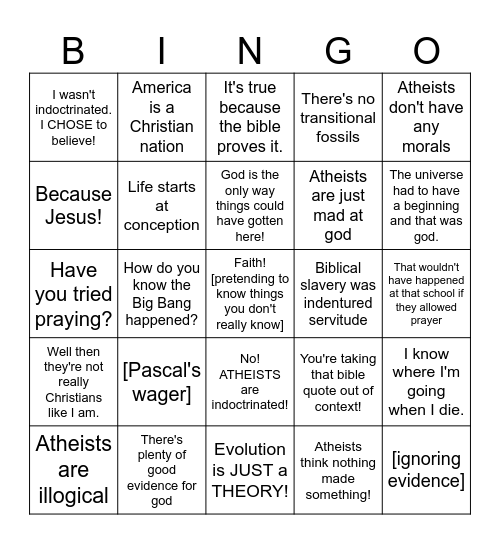 Christian Apologetics Bingo Card