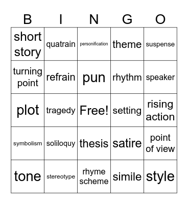 Literary terms 61-89 Bingo Card