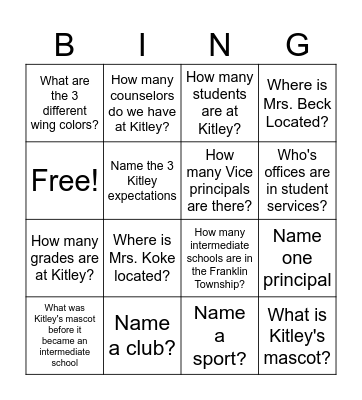 New Student Bingo Card
