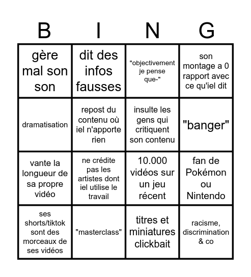 Le·a Youtuber·euse de merde Bingo Card