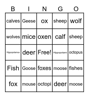ANIMAL BINGO Card